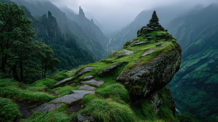 A small stone cairn atop the mountain, surrounded by fog and clouds, with green moss growing around it. In front lies an endless valley between two mountains, with cliffs stretching into misty peaks. The background features a deep, white sky, captured from above by a drone camera. This creates a mysterious atmosphere that emphasizes the scene's grandeur and tranquility. --ar 16:9 --quality 2 --stylize 750 --v 7 Job ID: 7fdefcfb-66c5-4184-8252-0539622f2b28の素材