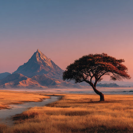 A vast savanna with an acacia tree in the center, a mountain peak in the background, and a clear sky at dawn. The photograph captures a serene landscape, emphasizing the beauty of nature. In the style of Canon EOS R5. --chaos 30 --stylize 750 --v 7 Job ID: d481b147-973a-41fa-80d8-c645f4508207の素材