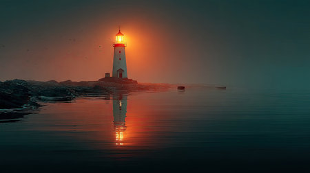 A tall lighthouse glowing with an orange light in the middle of an ocean, centered, symmetrical, minimalistic, with flat colors, a gradient color from dark blue to purple, set at night time, in a foggy atmosphere. The scene is simple yet cinematic, with a photographic, photo-realistic, and hyper-realistic style, in high resolution and with super-detailed rendering. --ar 16:9 --quality 2 --stylize 750 --v 7 Job ID: 0b0e2549-e384-4a72-a5d8-9f3127dd939bの素材