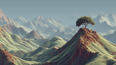 A small tree stands on the top of an isolated mountain peak, surrounded by undulating green mountains under a soft golden light. The perspective is from above, with detailed textures and a clear sky in the background. This picturesque scene captures nature's beauty, offering endless possibilities for creativity. --ar 16:9 --quality 2 --stylize 750 --v 7 Job ID: 9b122ed3-cfe0-46b2-a9db-1e4c3f03f369の素材