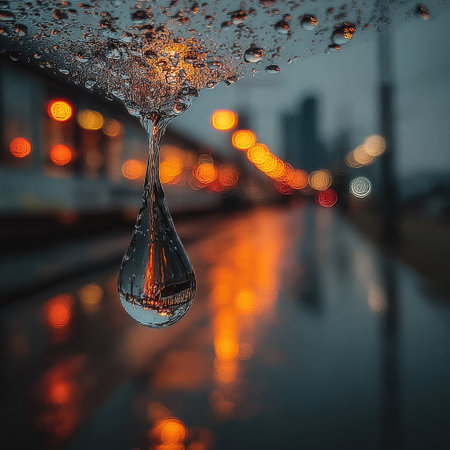 A water drop falling from the sky, creating an atmosphere of tranquility and beauty. The droplet is delicate with intricate details that highlight its shimmering surface. In front of it, there are blurred bokeh lights adding depth to the scene. This visual representation captures raindrops gracefully floating in mid-air, evoking a sense of serenity and calmness. It symbolizes nature's gentle touch or a joyous celebration. --chaos 30 --stylize 750 --v 7 Job ID: 95175392-fb87-4d30-a9f6-9d7be98dbb83の素材