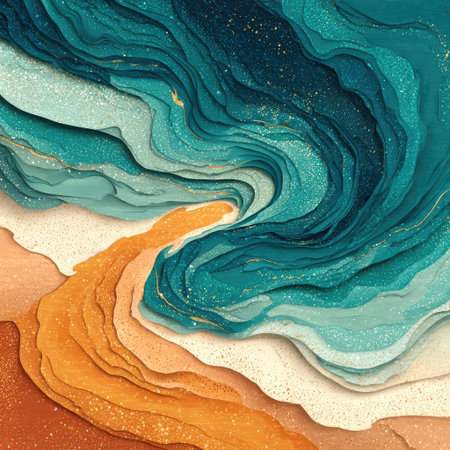 A soft pastel background with swirling patterns of teal, peach, and white, reminiscent of marble or agate. The colors blend harmoniously together, creating an elegant yet gentle atmosphere. There is a subtle hint of glitter scattered across the surface, adding to its sophisticated feel. This design would be suitable for high-end branding materials, such as business cards, brochures, or digital marketing pieces. --chaos 30 --stylize 750 --v 7 Job ID: a611fdf9-b24b-4954-8183-d695651621e1の素材