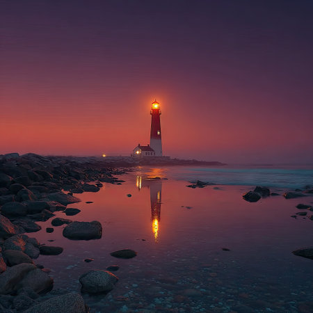 A tall lighthouse glowing orange in the middle of an ocean at night, with a foggy sky and blue and purple hues. The composition is centered and symmetrical. --chaos 30 --stylize 750 --v 7 Job ID: 0646f806-7112-428c-9cc0-06d2709fe75fの素材
