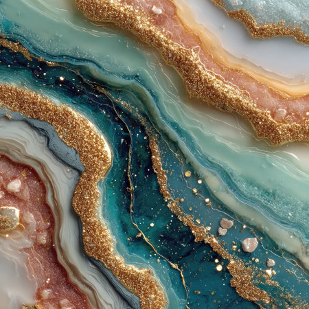 A soft, pastel marble pattern with swirling colors of teal, peach, and white, accented by glittering sparkles in shades of gold or silver, creating an elegant background for digital designs. --chaos 30 --stylize 750 --v 7 Job ID: b0a4c8b3-6a07-471a-9a26-8aafafbf5d5bの素材