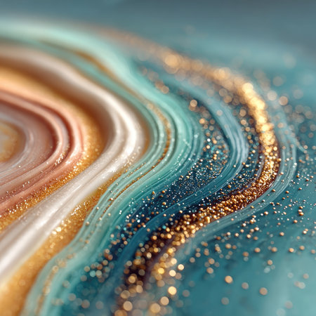 A soft pastel background with swirling patterns of teal, peach, and white, reminiscent of marble or agate. The colors blend harmoniously together, creating an elegant yet gentle atmosphere. There is a subtle hint of glitter scattered across the surface, adding to its sophisticated feel. This design would be suitable for high-end branding materials, such as business cards, brochures, or digital marketing pieces. --chaos 30 --stylize 750 --v 7 Job ID: a611fdf9-b24b-4954-8183-d695651621e1の素材