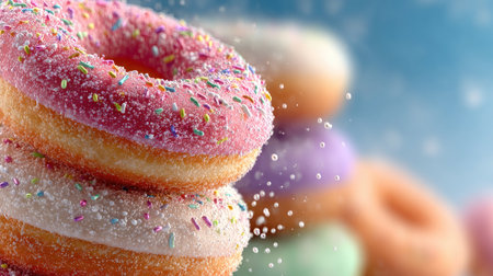 A stack of colorful doughnuts, each with sprinkles on top, balanced and falling in slow motion against a light blue background. The focus is sharp, highlighting the contrast between soft pastel colors and glossy textures. A subtle splash effect adds dynamic movement to the scene. Photorealistic style with soft lighting and a shallow depth of field. --chaos 20 --ar 16:9 --stylize 750 --v 7 Job ID: b3a23418-4690-4f5a-845c-b9634efd0277の素材