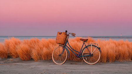 A vintage bicycle with an old-fashioned basket is parked on the edge of tall grass under a clear sky at sunset. The background features a soft pastel color gradient from pink to orange and yellow, creating a serene atmosphere. This composition evokes a nostalgic feel, suitable for travel photos or as wallpaper, with ample space in front for text or product display. --chaos 20 --ar 16:9 --stylize 750 --v 7 Job ID: 4a24ce21-77da-482e-a64c-1c1a6f373c86の素材