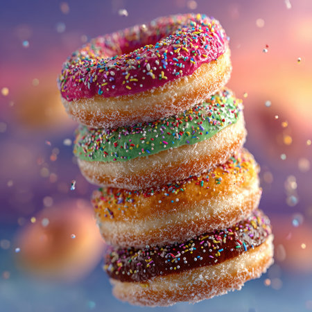 A stack of colorful doughnuts, each with sprinkles on top, balanced and floating in mid-air against a pastel blue background. The composition captures the playful arrangement and vibrant colors of the doughnut stack, creating an eye-catching visual effect that is both delightful and visually appealing. --chaos 30 --stylize 750 --v 7 Job ID: d0f164f0-c9b7-4d9c-bce7-a534e7fabc5dの素材