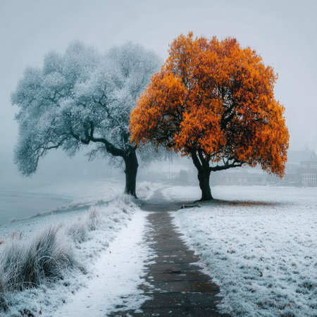 A snowy park with trees, one tree is orange and the other ones have snow on them, a path in between the grassy field leading to it, a white sky, a scene for photography. --chaos 30 --stylize 750 --v 7 Job ID: aafd8c48-750e-45dc-980e-c0b55fe57fcdの素材