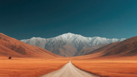 A vast desert with brown grass and distant snow-capped mountains under a clear blue sky, a symmetrical composition, a panoramic view, a wide-angle lens, natural light, a static scene, warm tones, flat ground, a sense of loneliness. --chaos 20 --ar 16:9 --stylize 750 --v 7 Job ID: d34784ad-e8cc-49c6-a518-86f1b9605745の素材