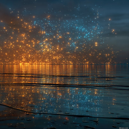 A starry sky background with blue and yellow lights, creating an atmosphere of mystery and wonder. The glowing stars reflect on the calm sea surface below, creating beautiful reflections in shades of light navy blue and white. This scene is perfect for science fiction or fantasy-themed designs that need to convey depth while maintaining an overall cool tone. It's ideal as a backdrop for product images or posters, showcasing high-quality visuals. --chaos 30 --stylize 750 --v 7 Job ID: ee39e63a-7ec4-4826-ae3f-e8a2628d75dbの素材