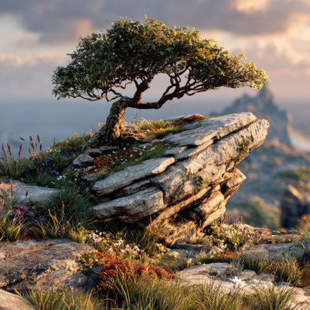 A tree atop the mountain, surrounded by green mountains and rivers, features a distant view with soft lighting, ultra-high definition images, and a dreamy sky background. The foreground is blurred, with a realistic and high-definition style. A single small pine grows in front of it. --chaos 30 --stylize 750 --v 7 Job ID: 0b9c4d97-9f94-4e21-85f5-8b05c0caad6dの素材