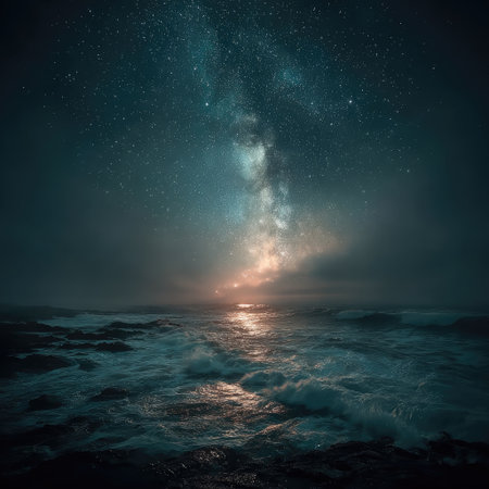 A vast starry sky, the Milky Way shining brightly in blue tones, and glowing light on both sides of an ocean-like surface below. The background is dark with subtle highlights. There's no visible land or people, just shimmering water under the stars. --chaos 30 --stylize 750 --v 7 Job ID: 340174fe-6be2-44c1-a848-2718cedfd5dbの素材