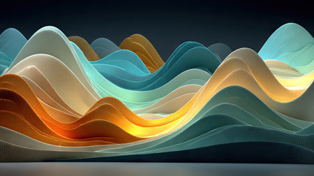 A three-dimensional poster with flowing blue and beige waves on a black background, featuring a light sky-blue and dark gray style, fluid lines, rendered in Cinema4D, with smooth curves, organic minimalism, simple shapes, gradient color, and a symmetrical composition. The overall atmosphere is calm and peaceful, creating an elegant feeling of harmony between nature and art. --chaos 20 --ar 16:9 --stylize 750 --v 7 Job ID: 7820fa95-617a-4ba6-ba5a-a07e57cbd3afの素材