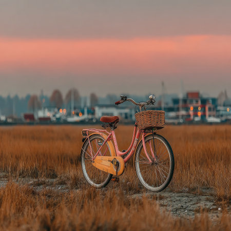 A vintage bicycle with a basket stands on the grass at sunset, with a pastel sky, minimalist in style. This award-winning photography, in the style of Daniel Kordan, captures a panoramic shot of the Dutch landscapes, with an epic cinematic composition and golden hour lighting, creating a shallow depth of field. --chaos 30 --stylize 750 --v 7 Job ID: ae72aed5-587d-4f8e-81db-dec047331e7bの素材