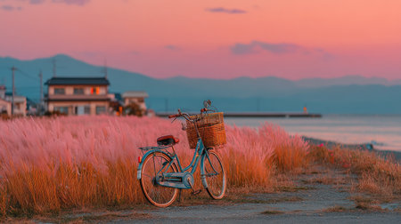 A vintage bicycle with its basket full of wild grass stands against the backdrop of an orange sunset sky, creating a picturesque scene. The soft pastel colors and gentle brush strokes add to the dreamy atmosphere of tranquility and freedom, as if it were taken in the countryside of Japan. This photo was captured using a Canon EOS R5 mirrorless camera with a standard lens, creating a cinematic feel. --ar 16:9 --quality 2 --stylize 750 --v 7 Job ID: b6bd99bb-a77a-4457-a89b-7efec744b9dcの素材