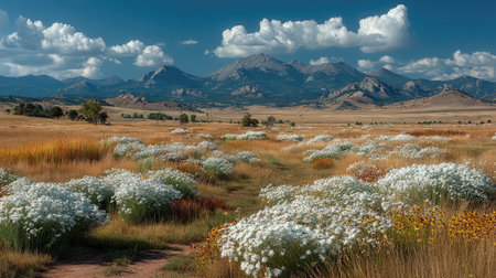 A vast grassland with mountains in the distance, a clear blue sky, and white wildflowers blooming on both sides of the wide green plain. Panoramic view, panorama, distant mountain views, distant hills. --chaos 20 --ar 16:9 --stylize 750 --v 7 Job ID: c1d67ff9-75fb-4d66-87a6-70a657ae84b8の素材