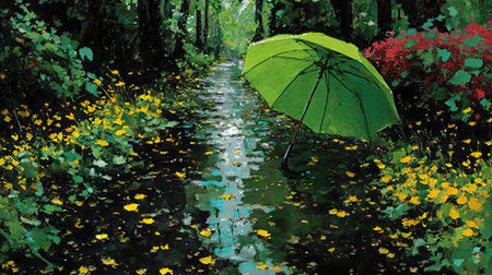 A vibrant green umbrella, gently falling leaves in the wind and rain on an enchanting forest path. The scene is filled with sparkling water droplets under the sunlight, creating a magical atmosphere of nature's beauty. This vividly colored illustration captures the essence of spring in its full glory, with a focus on stacking the elements to create depth and detail. --chaos 20 --ar 16:9 --stylize 750 --v 7 Job ID: b44b5288-099e-45d3-90bf-0f6913f9bb3bの素材