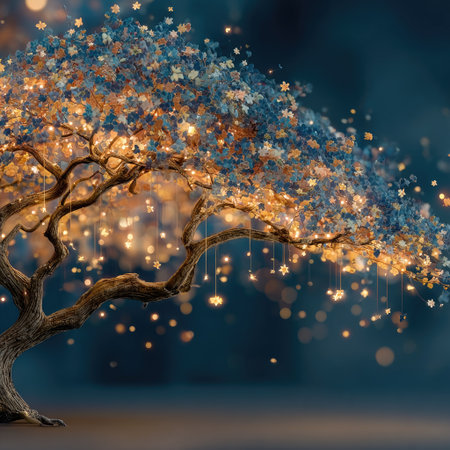A whimsical tree branch hangs from the top of an enchanted forest, glowing with magical stars and lights. The background is a dark blue, creating a contrast against the bright starlight that illuminates the scene. This magical realism style captures the enchanting atmosphere in high resolution, providing a dreamy backdrop for design or decoration. --chaos 30 --stylize 750 --v 7 Job ID: 5d86fa22-52ea-4a12-ba62-ac3ba1bb5e19の素材