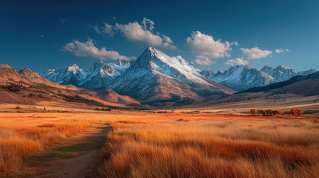 A vast desert with brown grass and distant snow-capped mountains under a clear blue sky, a symmetrical composition, a panoramic view, a wide-angle lens, natural light, a static scene, warm tones, flat ground, a sense of loneliness. --chaos 20 --ar 16:9 --stylize 750 --v 7 Job ID: d34784ad-e8cc-49c6-a518-86f1b9605745の素材