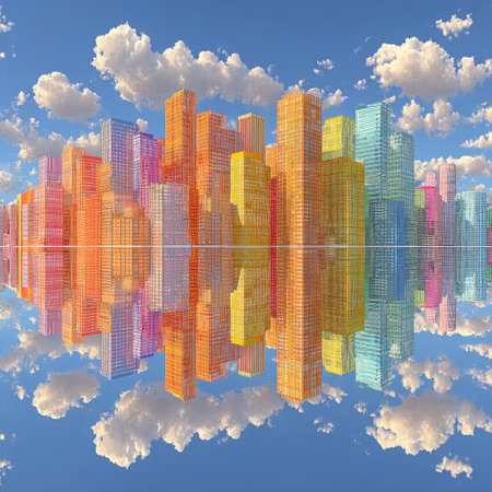 A vibrant cityscape floats above the clouds, rendered in bright and cheerful colors, with skyscrapers made of colorful glass reflecting on the water below. The sky is a clear blue with fluffy white clouds adding to its dreamy atmosphere. This whimsical scene evokes an aura of wonder and adventure, making it suitable for creative projects or visual storytelling. --chaos 30 --stylize 750 --v 7 Job ID: 9d9572f9-2440-4ce6-a872-a84d98eb9f40の素材
