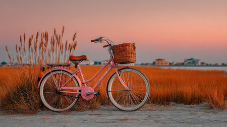 A vintage bicycle with an old-fashioned basket is parked on the edge of tall grass under a clear sky at sunset. The background features a soft pastel color gradient from pink to orange and yellow, creating a serene atmosphere. This composition evokes a nostalgic feel, suitable for travel photos or as wallpaper, with ample space in front for text or product display. --chaos 20 --ar 16:9 --stylize 750 --v 7 Job ID: 4a24ce21-77da-482e-a64c-1c1a6f373c86の素材