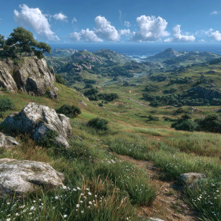 A vast grassland, with mountains in the distance and a clear blue sky overhead. The endless green meadows stretch out as far as the eye can see, dotted by white wildflowers that add to its splendor. In spring, it is full of vitality, with an unreal engine rendering style, documentary photography, earthy tones, high resolution, ultra-detailed, and panoramic scale. --chaos 30 --stylize 750 --v 7 Job ID: 5c6c4f63-07f4-4d0d-a8ae-37e1123bd391の素材