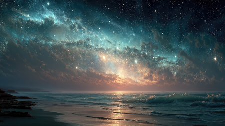 A stunning starry sky background with deep blue tones, illuminating the vast ocean surface at night. The stars twinkle in shades of light and dark, creating an enchanting atmosphere that captures attention. A radiant glow shines on the water's edge below the horizon line, adding depth to the scene. This celestial backdrop is perfect for conveying awe-inspiring beauty or sci-fi elements. --ar 16:9 --quality 2 --stylize 750 --v 7 Job ID: 3a1f58ae-b13c-425d-94b8-b5eaa1758017の素材