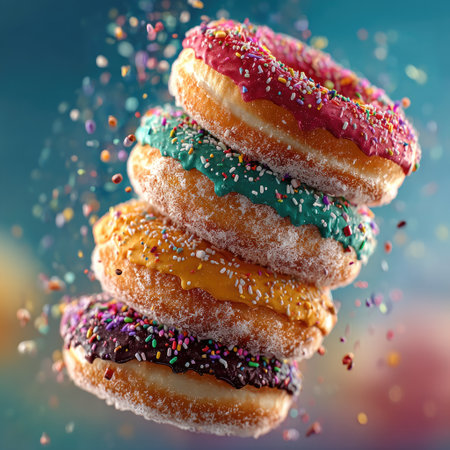 A stack of colorful doughnuts, each with sprinkles on top, balanced and floating in mid-air against a pastel blue background. The composition captures the playful arrangement and vibrant colors of the doughnut stack, creating an eye-catching visual effect that is both delightful and visually appealing. --chaos 30 --stylize 750 --v 7 Job ID: d0f164f0-c9b7-4d9c-bce7-a534e7fabc5dの素材