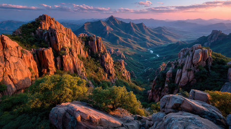 A vast mountain range composed of small, green trees in the style of Chinese landscape painting, surrounded by clouds and mist, with the sun rising in front of it. The distant view is expansive, with a symmetrical composition and a high-definition photography style. It features a golden color tone, bright colors, a wide-angle lens, natural light, and majestic mountains. --chaos 20 --ar 16:9 --stylize 750 --v 7 Job ID: 4a2b7910-d343-4f4c-a65c-b4b111381e18の素材