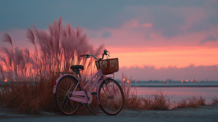 A vintage bicycle with its basket full of wild grass stands against the backdrop of an orange sunset sky, creating a picturesque scene. The soft pastel colors and gentle brush strokes add to the dreamy atmosphere of tranquility and freedom, as if it were taken in the countryside of Japan. This photo was captured using a Canon EOS R5 mirrorless camera with a standard lens, creating a cinematic feel. --ar 16:9 --quality 2 --stylize 750 --v 7 Job ID: b6bd99bb-a77a-4457-a89b-7efec744b9dcの素材