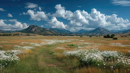 A vast grassland with mountains in the distance, a clear blue sky, and white wildflowers blooming on both sides of the wide green plain. Panoramic view, panorama, distant mountain views, distant hills. --chaos 20 --ar 16:9 --stylize 750 --v 7 Job ID: c1d67ff9-75fb-4d66-87a6-70a657ae84b8の素材