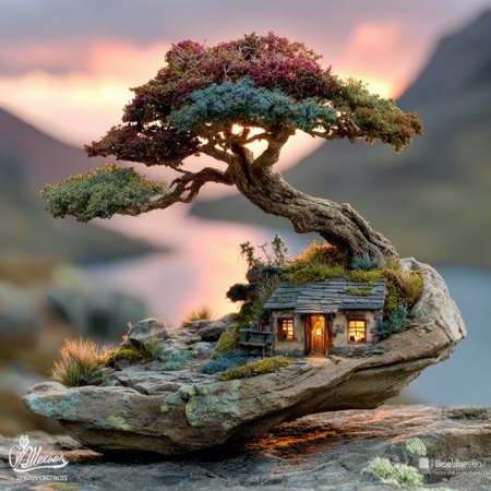 A tree atop the mountain, surrounded by green mountains and rivers, features a distant view with soft lighting, ultra-high definition images, and a dreamy sky background. The foreground is blurred, with a realistic and high-definition style. A single small pine grows in front of it. --chaos 30 --stylize 750 --v 7 Job ID: 0b9c4d97-9f94-4e21-85f5-8b05c0caad6dの素材