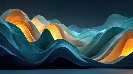 A three-dimensional poster with flowing blue and beige waves on a black background, featuring a light sky-blue and dark gray style, fluid lines, rendered in Cinema4D, with smooth curves, organic minimalism, simple shapes, gradient color, and a symmetrical composition. The overall atmosphere is calm and peaceful, creating an elegant feeling of harmony between nature and art. --chaos 20 --ar 16:9 --stylize 750 --v 7 Job ID: 7820fa95-617a-4ba6-ba5a-a07e57cbd3afの素材