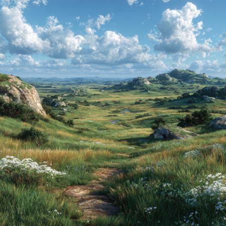 A vast grassland, with mountains in the distance and a clear blue sky overhead. The endless green meadows stretch out as far as the eye can see, dotted by white wildflowers that add to its splendor. In spring, it is full of vitality, with an unreal engine rendering style, documentary photography, earthy tones, high resolution, ultra-detailed, and panoramic scale. --chaos 30 --stylize 750 --v 7 Job ID: 5c6c4f63-07f4-4d0d-a8ae-37e1123bd391の素材