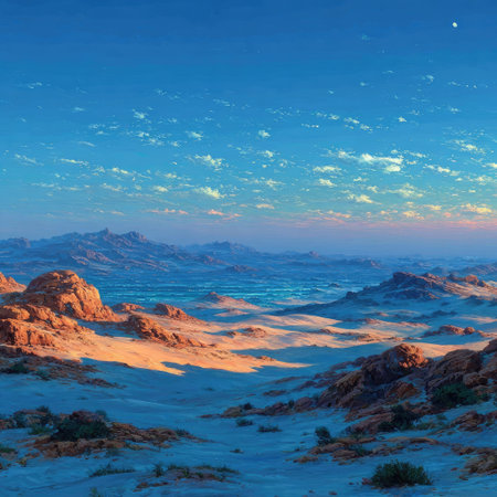 A vast desert landscape with rolling dunes, distant mountains under a clear blue sky, in soft pastel colors, rendered as an ultra-realistic photograph. The scene is captured from above, giving the impression of being wide-angle and expansive. It's a serene and peaceful moment frozen in time, evoking tranquility and solitude. --chaos 30 --stylize 750 --v 7 Job ID: 94429bf8-c1ac-4b4c-84fa-6f84484ab681の素材