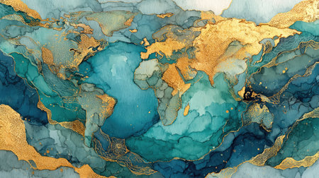A watercolor illustration of a minimalist design featuring the outline map of Earth, with soft blue and white tones creating an elegant backdrop. The world is outlined in gold to highlight global interconnectedness. In the center lies a large blank space for text or graphics, forming the central composition. This artwork symbolizes unity among all people around the globe, making it suitable as background material for international events or to evoke majestic and grand feelings. --ar 16:9 --quality 2 --stylize 750 --v 7 Job ID: c53b674e-0808-4f65-a126-55a0348df367の素材