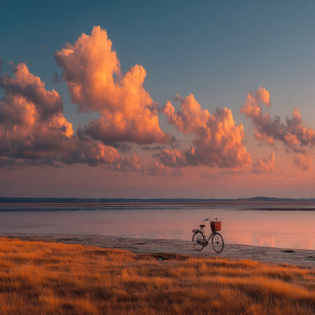A vintage bicycle with a basket stands on the grass at sunset, with a pastel sky, minimalist in style. This award-winning photography, in the style of Daniel Kordan, captures a panoramic shot of the Dutch landscapes, with an epic cinematic composition and golden hour lighting, creating a shallow depth of field. --chaos 30 --stylize 750 --v 7 Job ID: ae72aed5-587d-4f8e-81db-dec047331e7bの素材