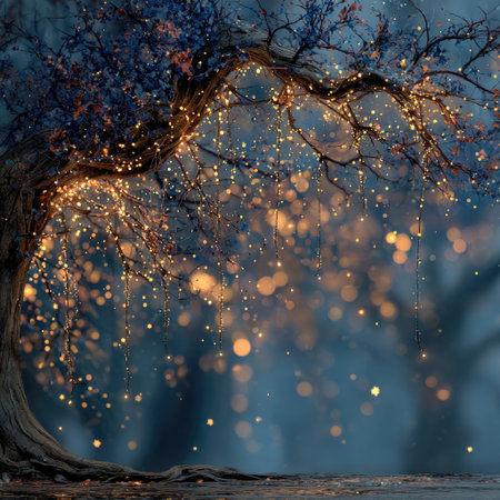 A whimsical tree branch hangs from the top of an enchanted forest, glowing with magical stars and lights. The background is a dark blue, creating a contrast against the bright starlight that illuminates the scene. This magical realism style captures the enchanting atmosphere in high resolution, providing a dreamy backdrop for design or decoration. --chaos 30 --stylize 750 --v 7 Job ID: 5d86fa22-52ea-4a12-ba62-ac3ba1bb5e19の素材
