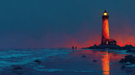 A tall lighthouse glowing with an orange light in the middle of an ocean at night. Minimalist background. The horizon is in foggy blue and purple colors. --chaos 20 --ar 16:9 --stylize 750 --v 7 Job ID: 9ec7c833-7dfd-4cde-b9cf-a0ce6aaee421の素材