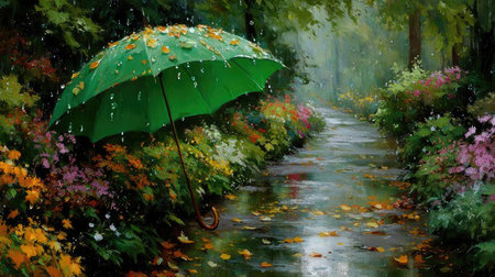 A vibrant green umbrella, gently falling leaves in the wind and rain on an enchanting forest path. The scene is filled with sparkling water droplets under the sunlight, creating a magical atmosphere of nature's beauty. This vividly colored illustration captures the essence of spring in its full glory, with a focus on stacking the elements to create depth and detail. --chaos 20 --ar 16:9 --stylize 750 --v 7 Job ID: b44b5288-099e-45d3-90bf-0f6913f9bb3bの素材