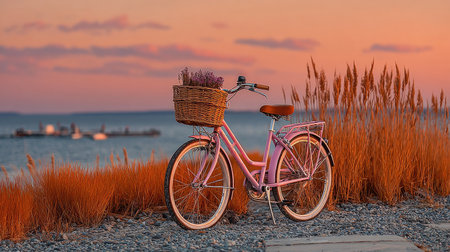A vintage bicycle with an old-fashioned basket is parked on the edge of tall grass under a clear sky at sunset. The background features a soft pastel color gradient from pink to orange and yellow, creating a serene atmosphere. This composition evokes a nostalgic feel, suitable for travel photos or as wallpaper, with ample space in front for text or product display. --chaos 20 --ar 16:9 --stylize 750 --v 7 Job ID: 4a24ce21-77da-482e-a64c-1c1a6f373c86の素材