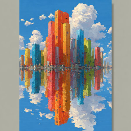 A vibrant cityscape floats above the clouds, rendered in bright and cheerful colors, with skyscrapers made of colorful glass reflecting on the water below. The sky is a clear blue with fluffy white clouds adding to its dreamy atmosphere. This whimsical scene evokes an aura of wonder and adventure, making it suitable for creative projects or visual storytelling. --chaos 30 --stylize 750 --v 7 Job ID: 9d9572f9-2440-4ce6-a872-a84d98eb9f40の素材