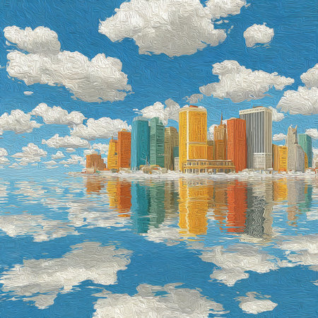 A vibrant cityscape floats above the clouds, rendered in bright and cheerful colors, with skyscrapers made of colorful glass reflecting on the water below. The sky is a clear blue with fluffy white clouds adding to its dreamy atmosphere. This whimsical scene evokes an aura of wonder and adventure, making it suitable for creative projects or visual storytelling. --chaos 30 --stylize 750 --v 7 Job ID: 9d9572f9-2440-4ce6-a872-a84d98eb9f40の素材