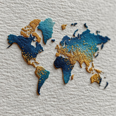 A watercolor world map with gold sprinkles on a white background, featuring a light blue color theme. --chaos 30 --stylize 750 --v 7 Job ID: 6327a05c-f886-4638-9260-f209aa9d371aの素材