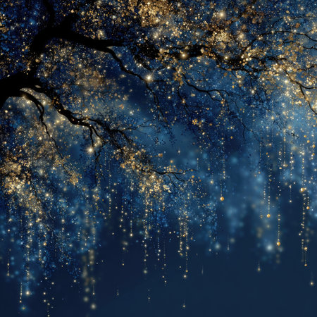 A whimsical tree branch hangs from the top of an enchanted forest, glowing with magical stars and lights. The background is a dark blue, creating a contrast against the bright starlight that illuminates the scene. This magical realism style captures the enchanting atmosphere in high resolution, providing a dreamy backdrop for design or decoration. --chaos 30 --stylize 750 --v 7 Job ID: 5d86fa22-52ea-4a12-ba62-ac3ba1bb5e19の素材