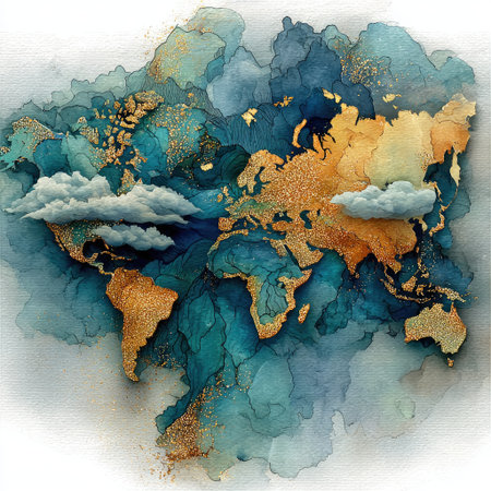 A watercolor illustration of the world map with soft blue and gold tones, set against a white background. The sky is painted in light gray and white clouds, creating an atmosphere reminiscent of dusk or dawn. A delicate brushstroke of golden glitter adds splendor to the scene. This artwork would be perfect for artistic designs that evoke a sense of calmness and serenity. --chaos 30 --stylize 750 --v 7 Job ID: 7634e31c-5637-4e78-9641-c0e4dffa42d7の素材