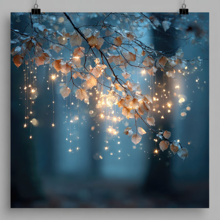 A whimsical tree branch hangs from the top of an enchanted forest, glowing with magical stars and lights. The background is a dark blue, creating a contrast against the bright starlight that illuminates the scene. This magical realism style captures the enchanting atmosphere in high resolution, providing a dreamy backdrop for design or decoration. --chaos 30 --stylize 750 --v 7 Job ID: 5d86fa22-52ea-4a12-ba62-ac3ba1bb5e19の素材