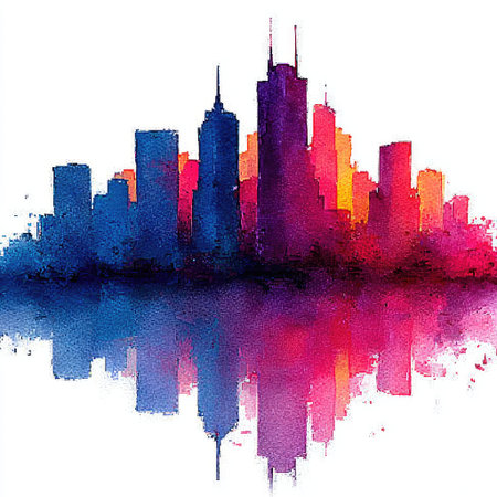 A watercolor skyline of modern skyscrapers in various shades of blue, purple, and pink against a white background, creating an abstract cityscape. --chaos 30 --stylize 750 --v 7 Job ID: ddde1c01-2b0c-4ce2-aab9-84e82012654bの素材