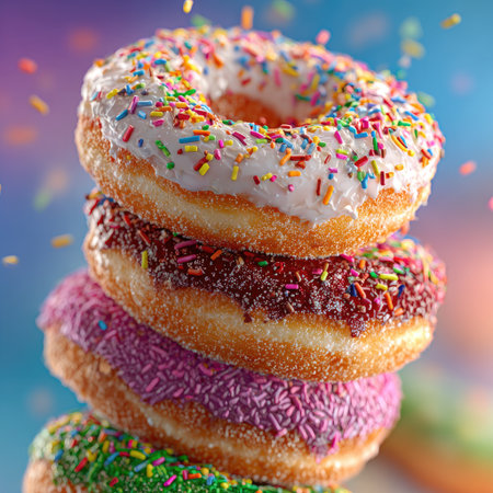A stack of colorful doughnuts, each with sprinkles on top, balanced and floating in mid-air against a pastel blue background. The composition captures the playful arrangement and vibrant colors of the doughnut stack, creating an eye-catching visual effect that is both delightful and visually appealing. --chaos 30 --stylize 750 --v 7 Job ID: d0f164f0-c9b7-4d9c-bce7-a534e7fabc5dの素材